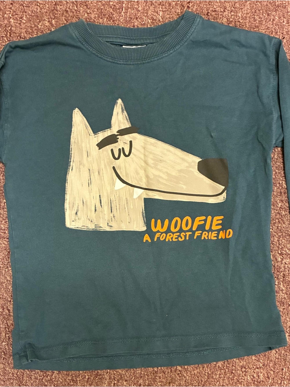 Zara Teal Long Sleeve Tee with Cream Dog Graphic and Orange Text